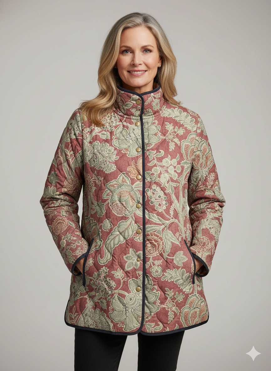 Women's Casual Quilted Jacket with Vintage Floral Print