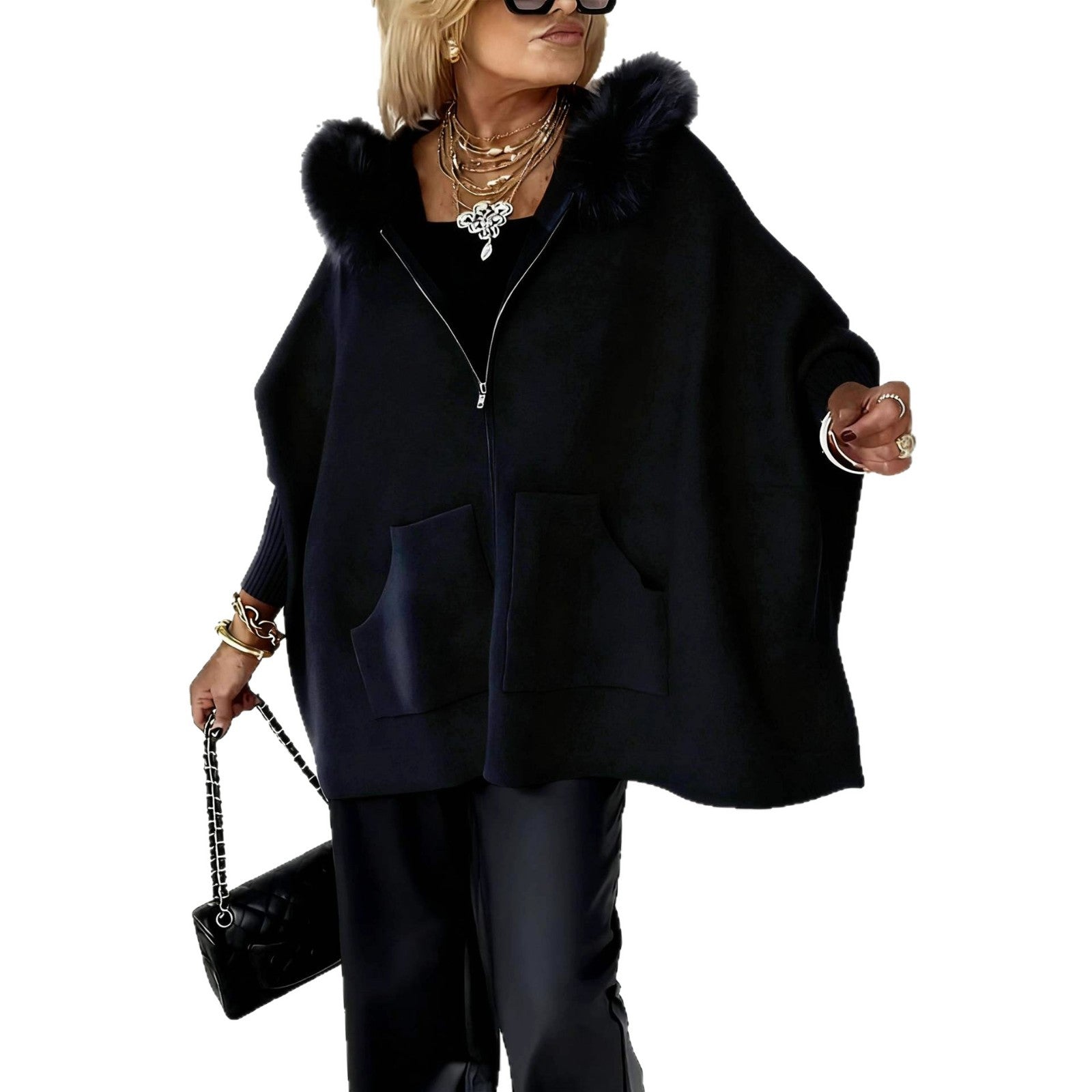 2025秋冬欧美跨境亚马逊时尚宽松口袋拉链大毛领针织连帽外套