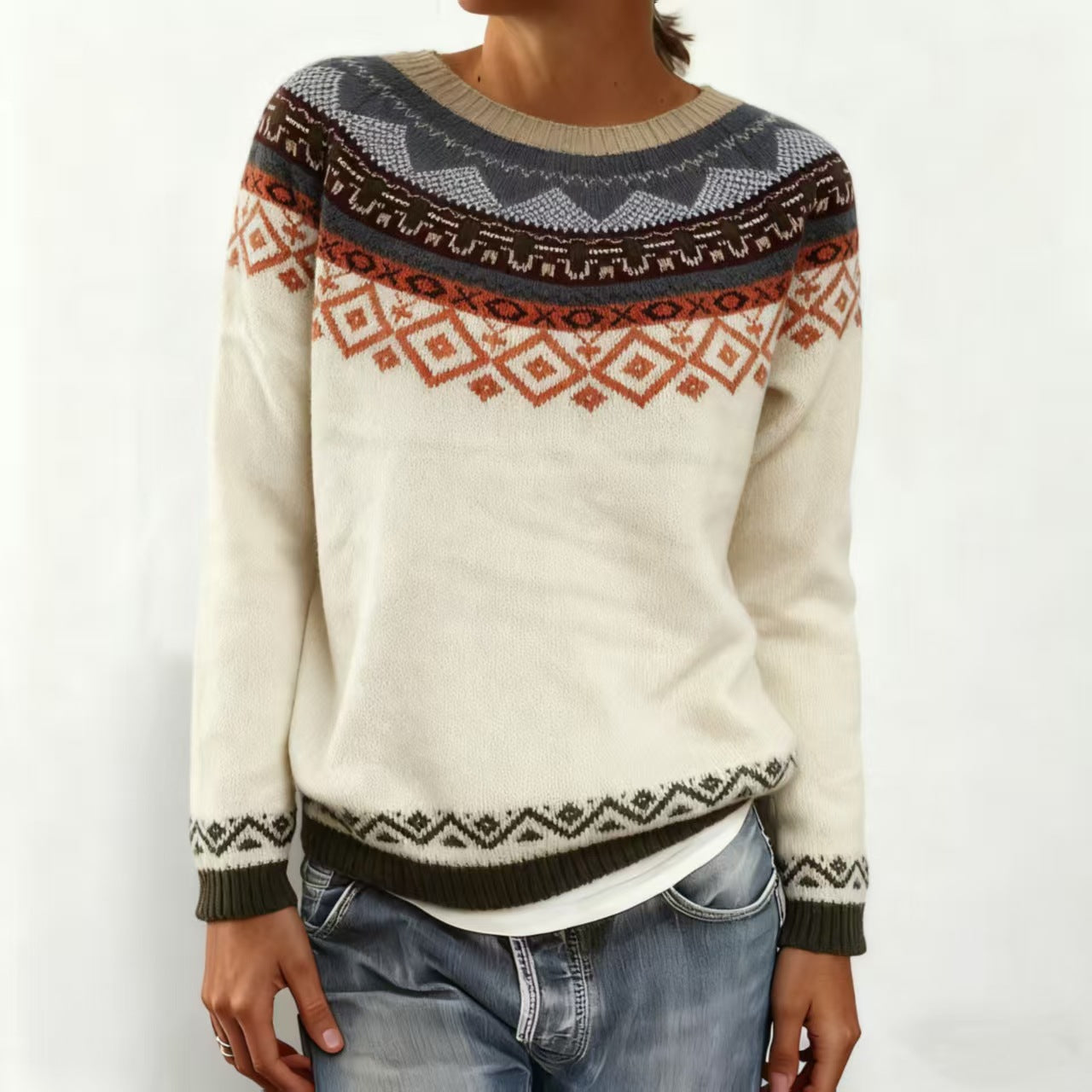 2025秋冬亚马逊欧美新款毛衣女wish热卖圆领拼色宽松时尚套头针织