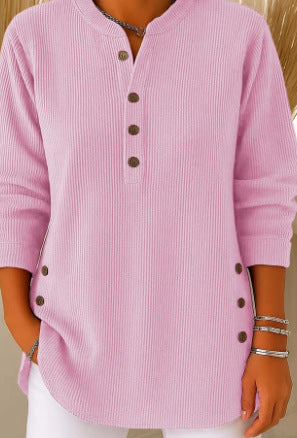 2025跨境欧美秋冬新款灯芯绒纯色宽松休闲V领纽扣长袖女式上衣T恤