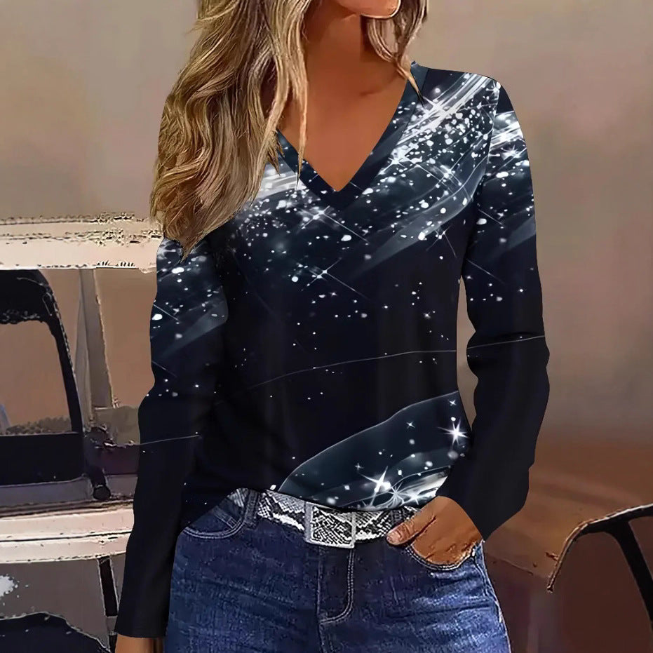 2025欧美外贸跨境新款v领长袖休闲时尚T恤