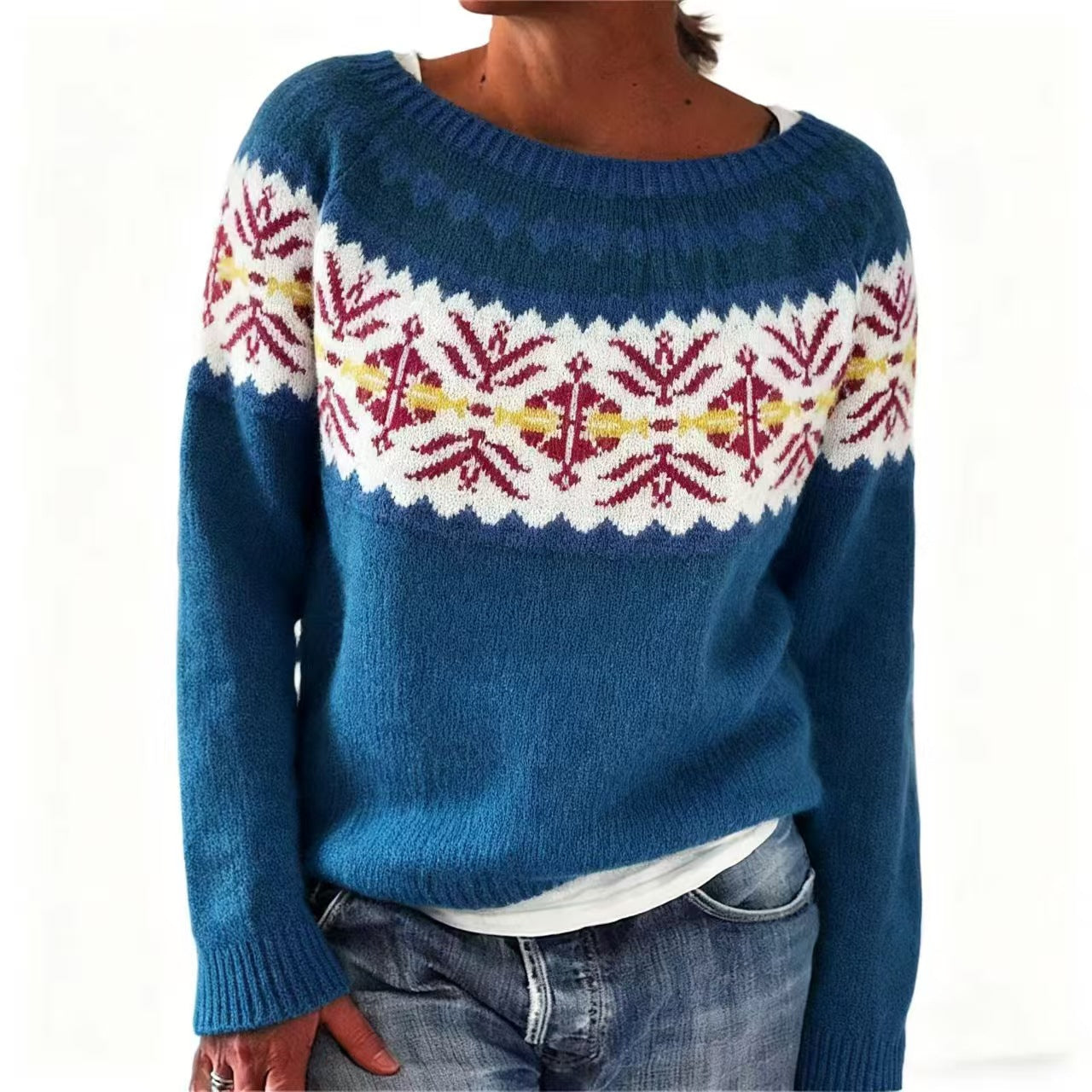 2025秋冬亚马逊欧美新款毛衣女wish热卖圆领拼色宽松时尚套头针织