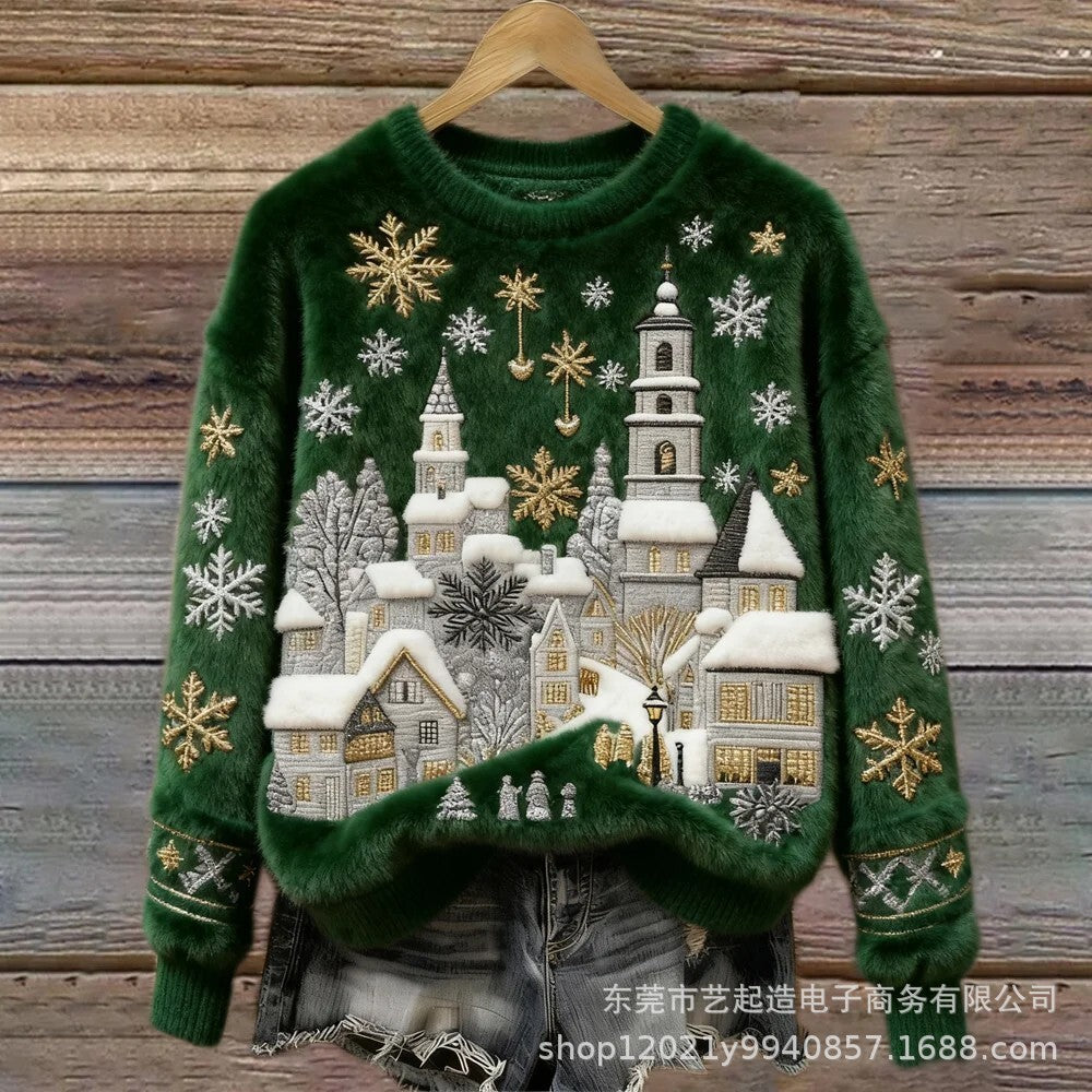 2025跨境新款圣诞节图案元素3D数码印花法莱绒修身圆领卫衣