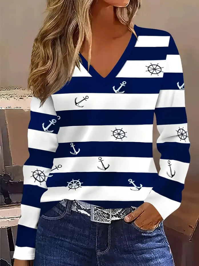 2025欧美外贸跨境新款v领长袖休闲时尚T恤