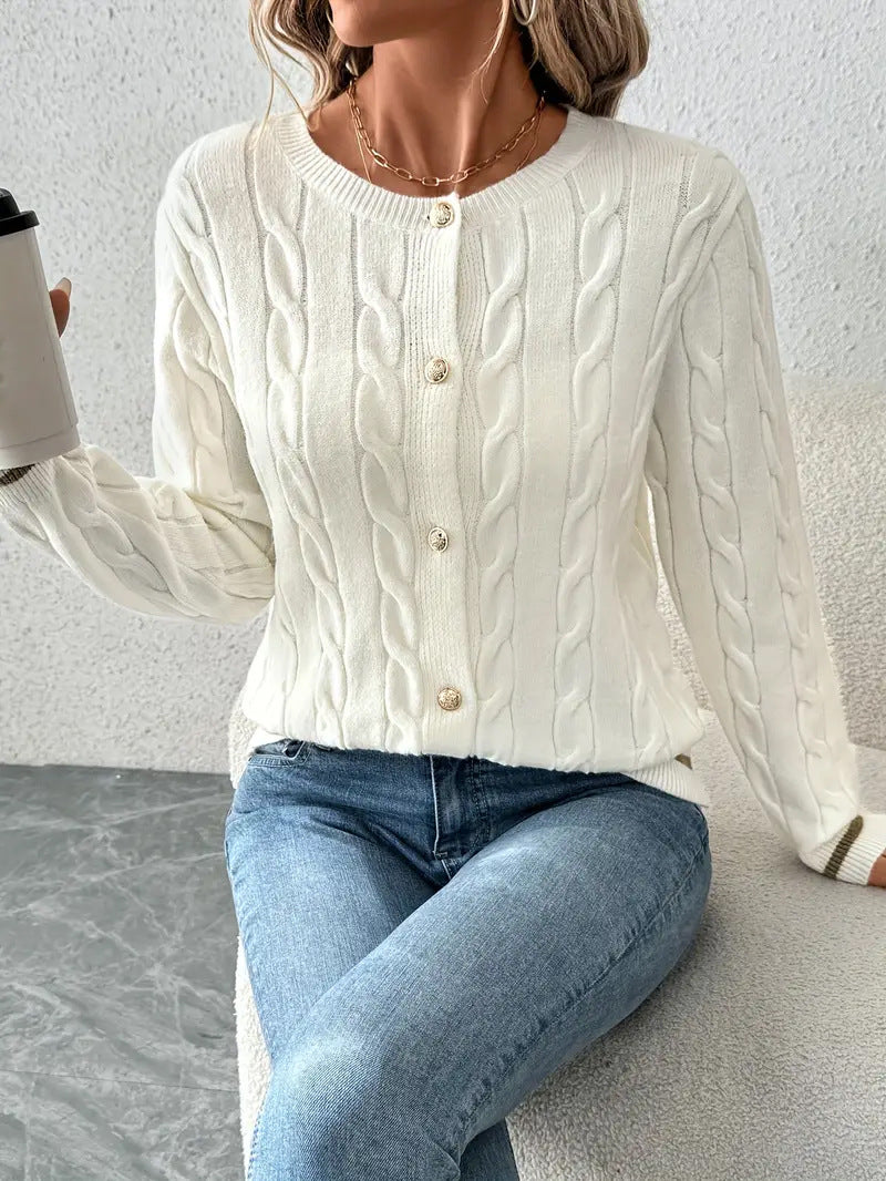 2025新款欧美外贸春秋季圆领绞花针织毛衣外套女士开衫长袖