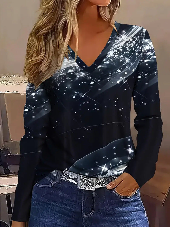 2025欧美外贸跨境新款v领长袖休闲时尚T恤