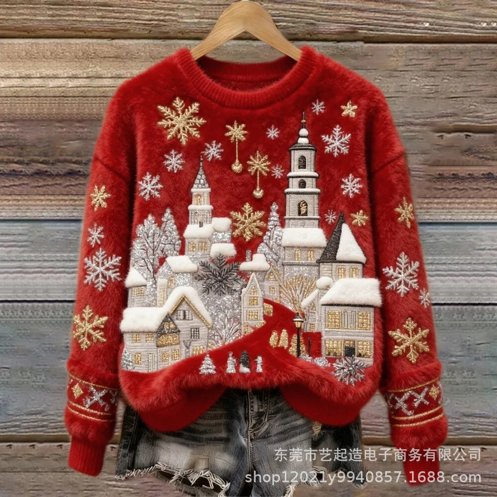 2025跨境新款圣诞节图案元素3D数码印花法莱绒修身圆领卫衣