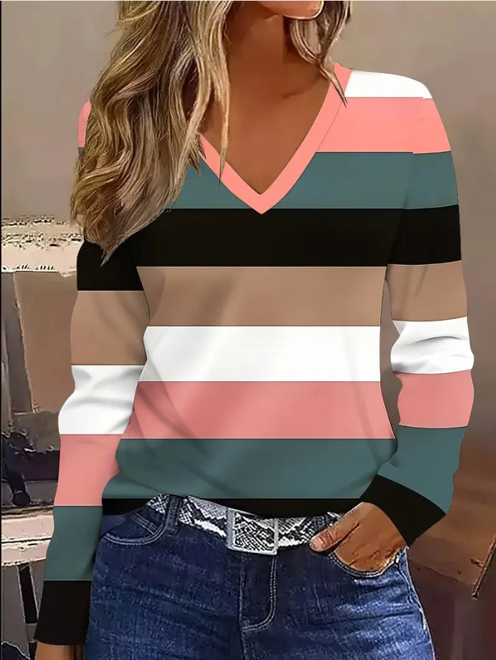 2025欧美外贸跨境新款v领长袖休闲时尚T恤