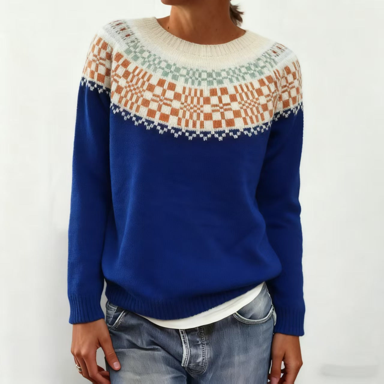 2025秋冬亚马逊欧美新款毛衣女wish热卖圆领拼色宽松时尚套头针织