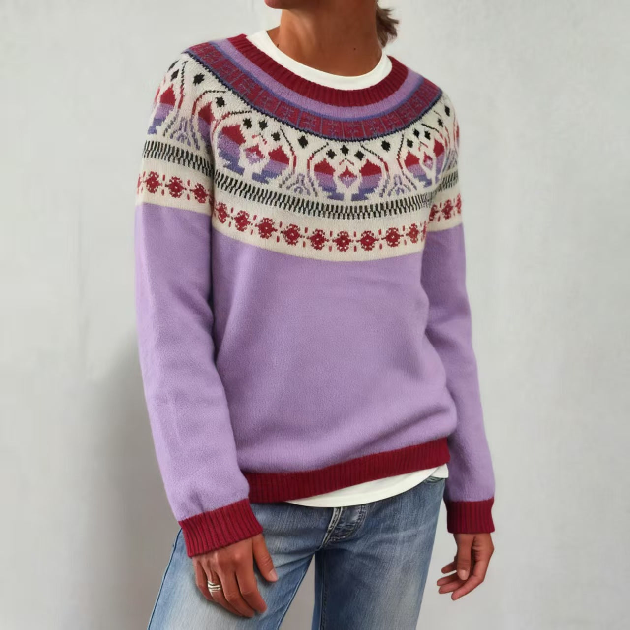 2025秋冬亚马逊欧美新款毛衣女wish热卖圆领拼色宽松时尚套头针织