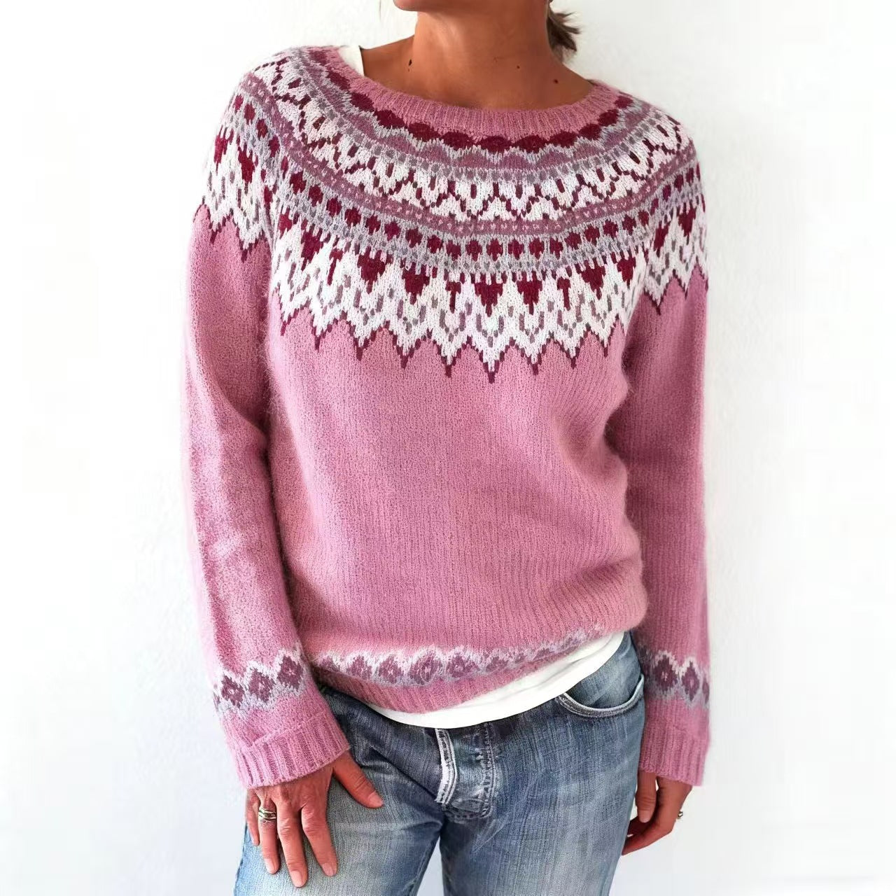 2025秋冬亚马逊欧美新款毛衣女wish热卖圆领拼色宽松时尚套头针织