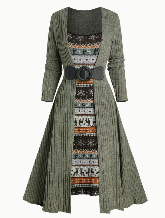 2025跨境欧美秋冬通勤长袖拼接坑条连衣裙现货