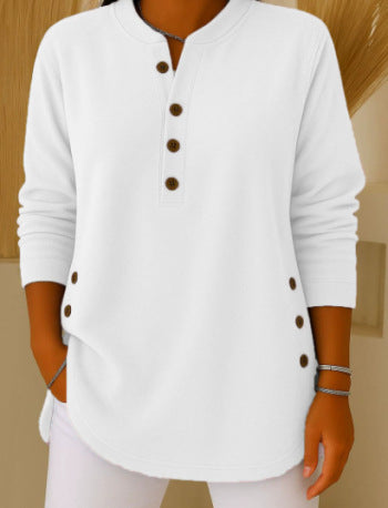 2025跨境欧美秋冬新款灯芯绒纯色宽松休闲V领纽扣长袖女式上衣T恤