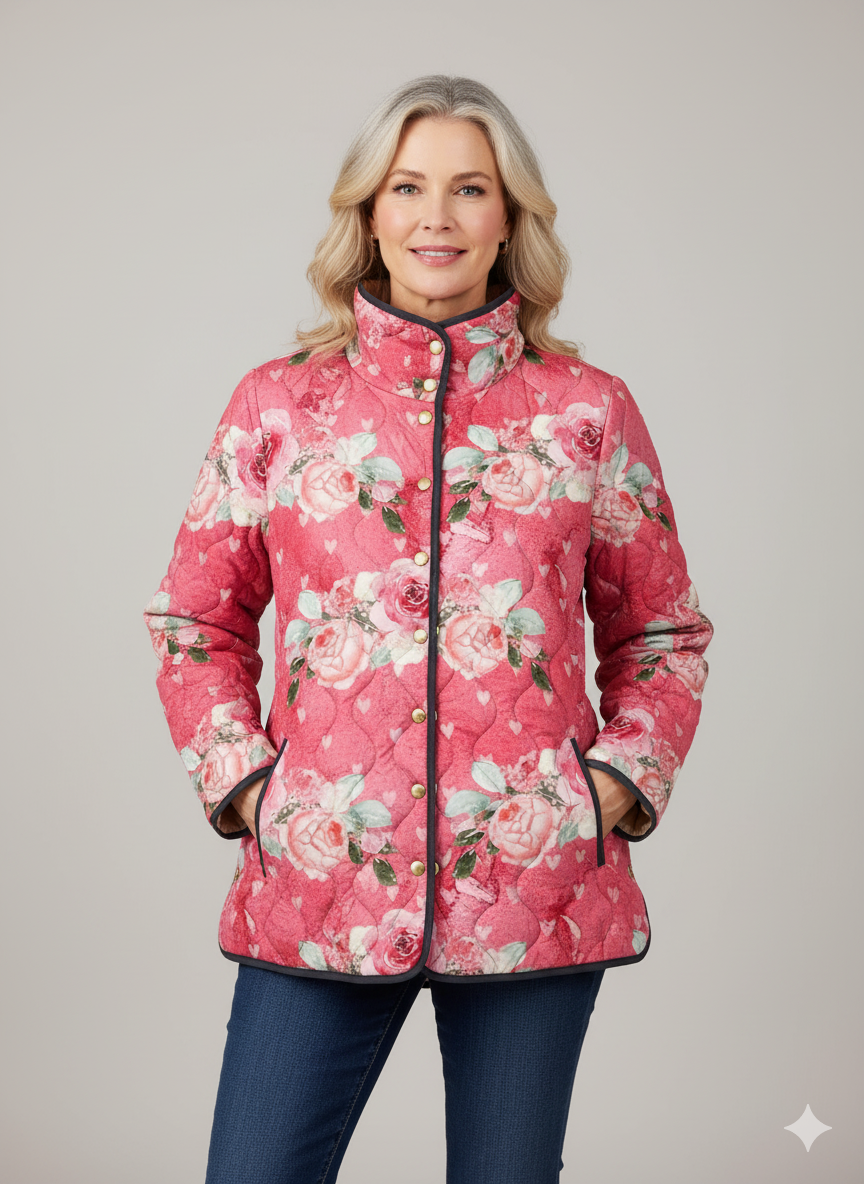 Charming Pink Floral Print Quilted Jacket for Women
