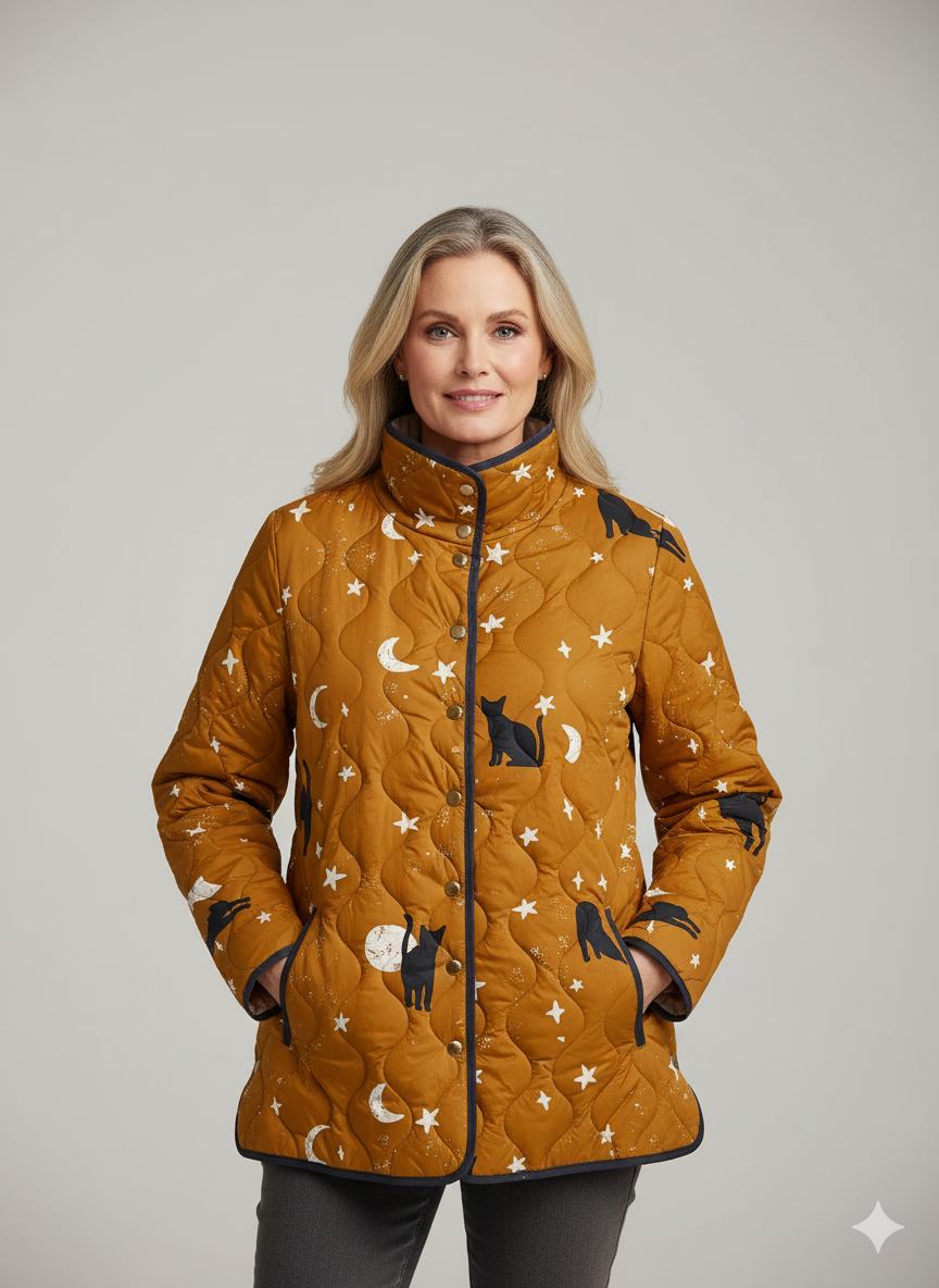 Casual Quilted Jacket with Black Cat Halloween Print