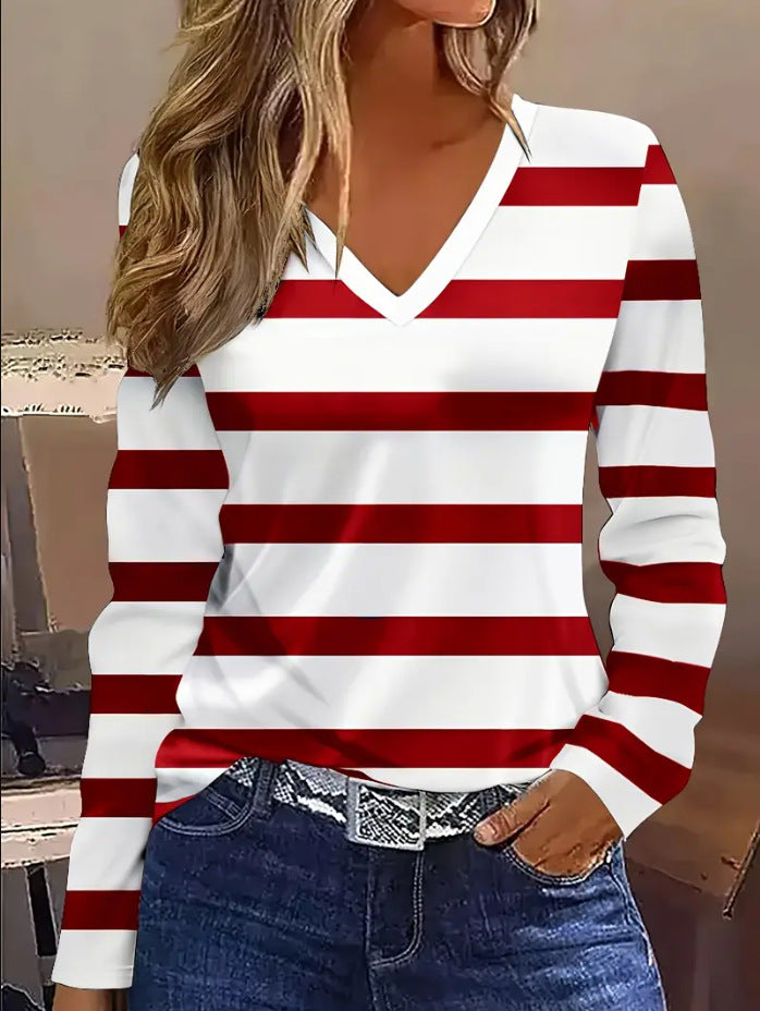 2025欧美外贸跨境新款v领长袖休闲时尚T恤