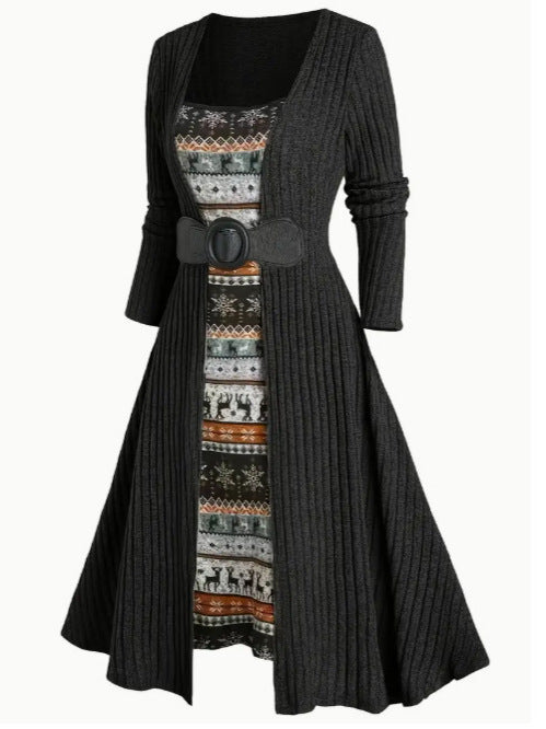 2025跨境欧美秋冬通勤长袖拼接坑条连衣裙现货