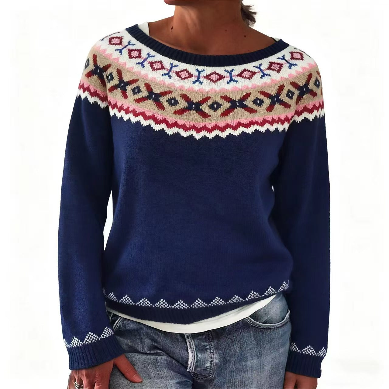 2025秋冬亚马逊欧美新款毛衣女wish热卖圆领拼色宽松时尚套头针织