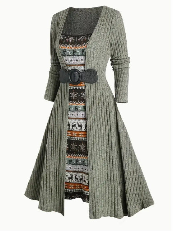 2025跨境欧美秋冬通勤长袖拼接坑条连衣裙现货