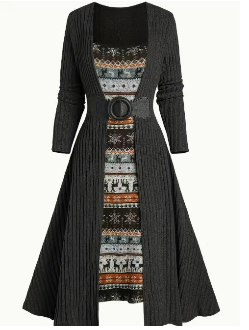 2025跨境欧美秋冬通勤长袖拼接坑条连衣裙现货