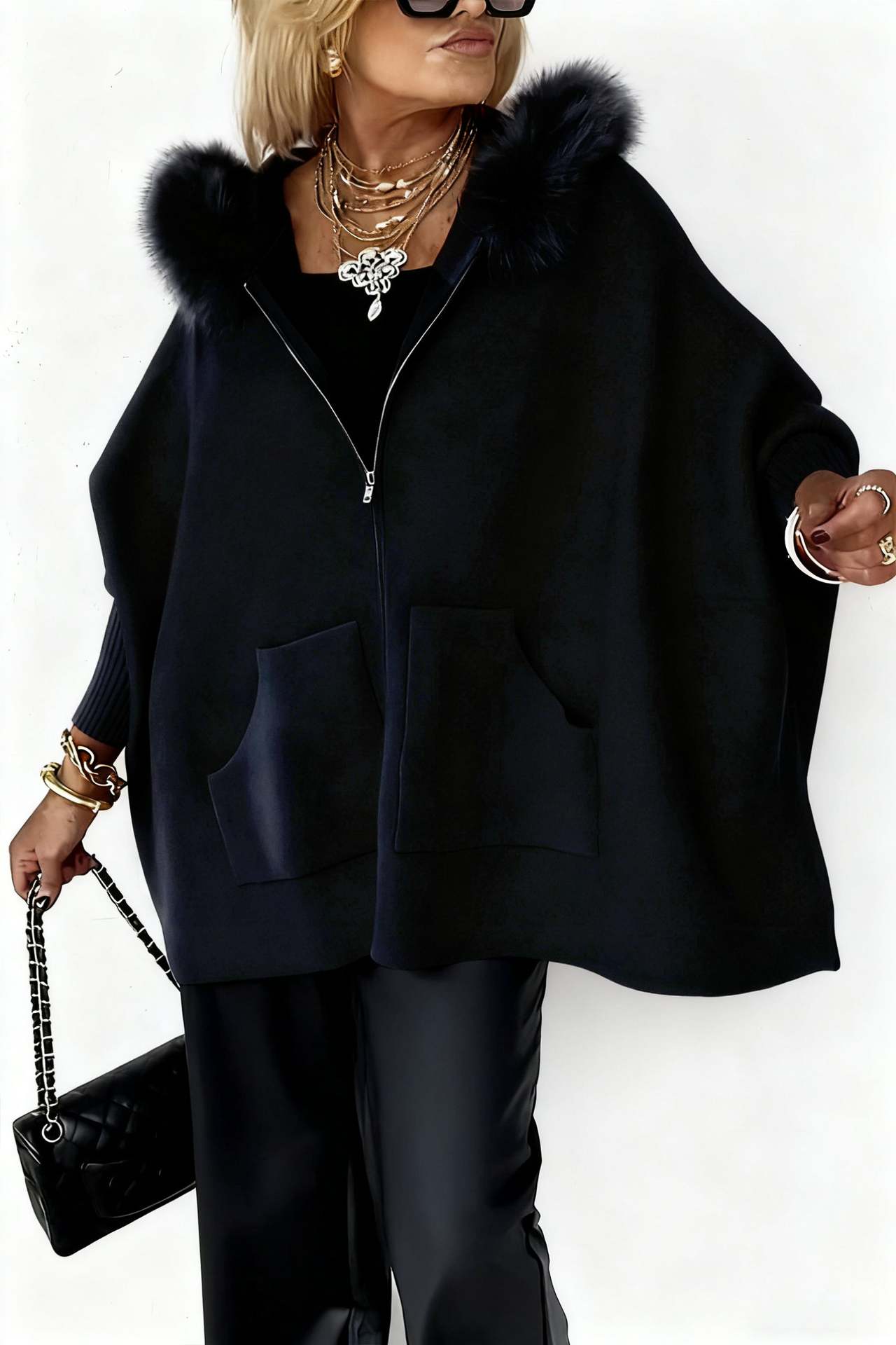 2025秋冬欧美跨境亚马逊时尚宽松口袋拉链大毛领针织连帽外套