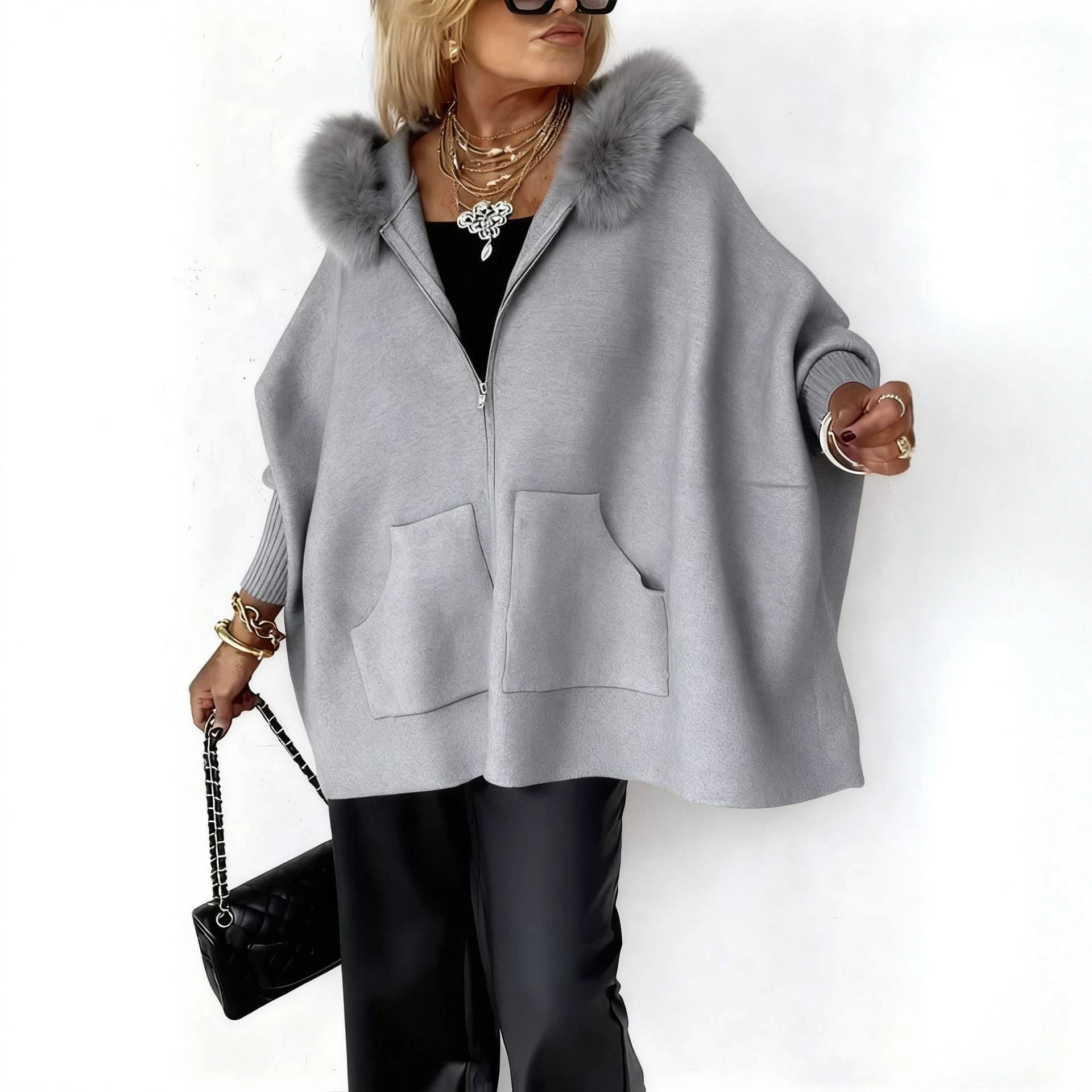 2025秋冬欧美跨境亚马逊时尚宽松口袋拉链大毛领针织连帽外套