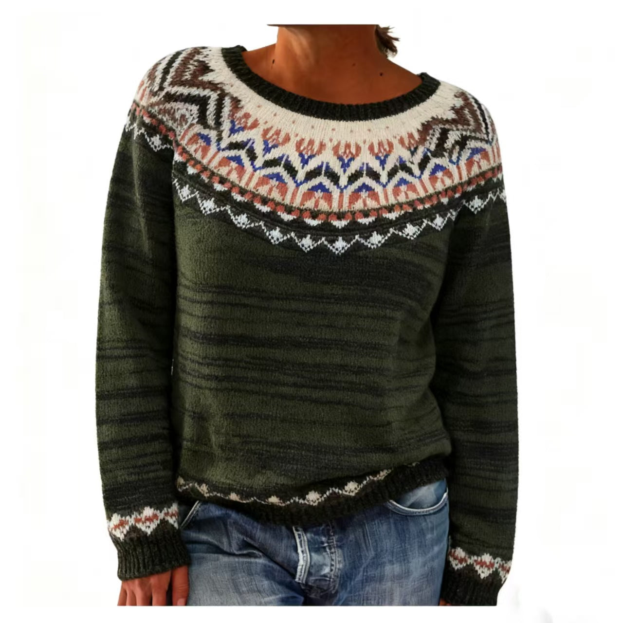 2025秋冬亚马逊欧美新款毛衣女wish热卖圆领拼色宽松时尚套头针织