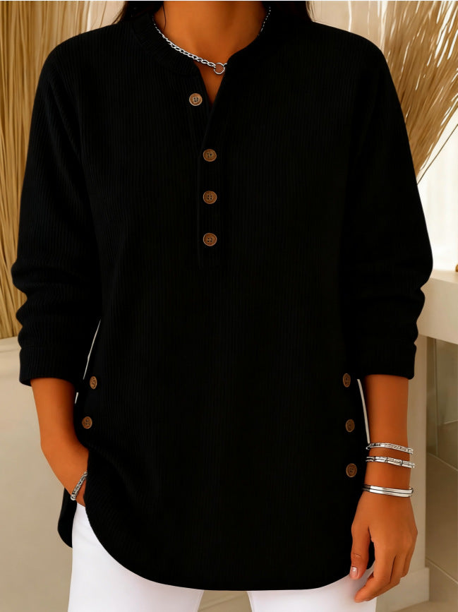 2025跨境欧美秋冬新款灯芯绒纯色宽松休闲V领纽扣长袖女式上衣T恤